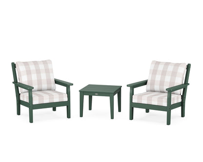 POLYWOOD® Chippendale 3-Piece Deep Seating Set in Green / Buffalo Plaid Dune Burlap