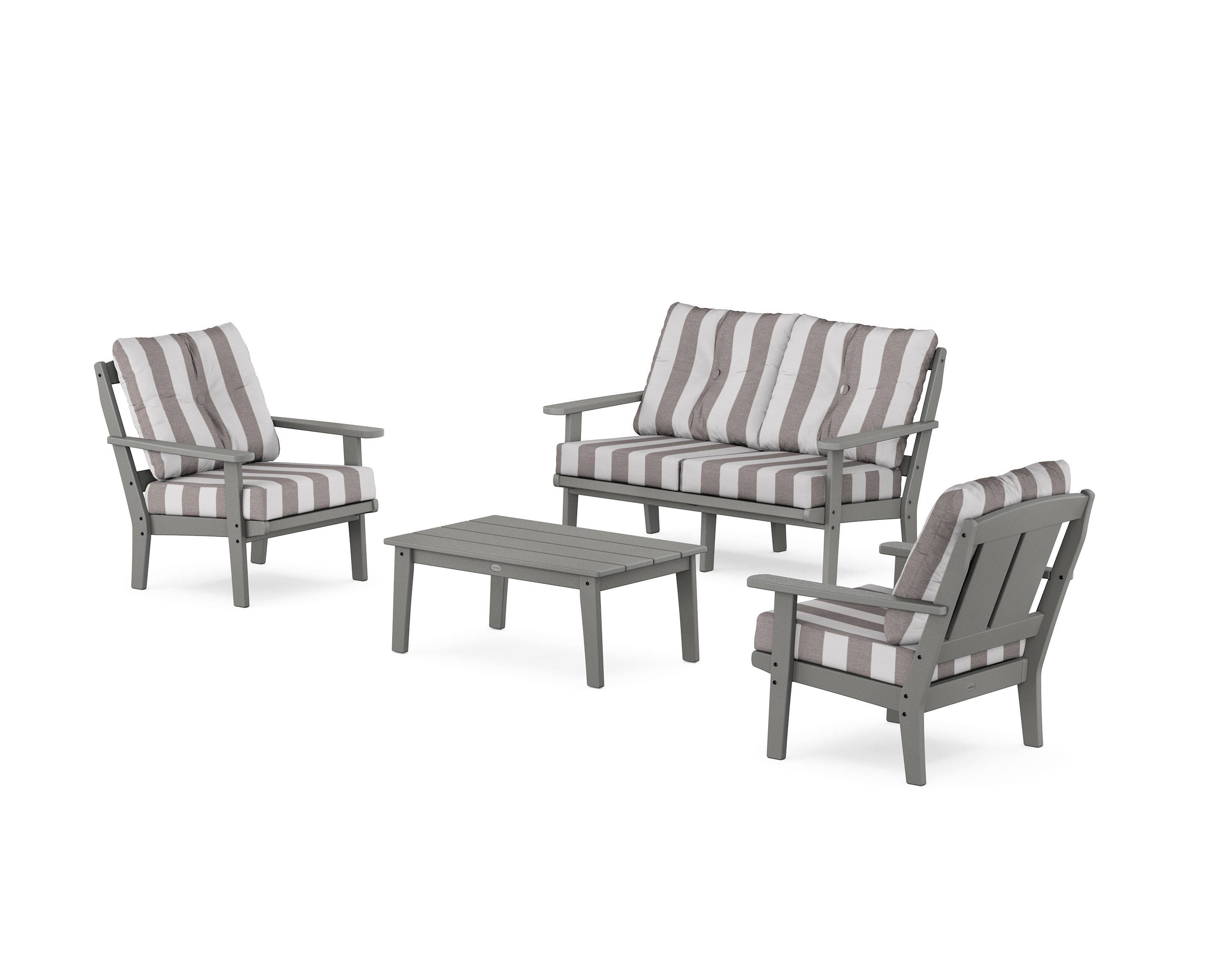 POLYWOOD® Mission 4-Piece Deep Seating Set with Loveseat in Slate Grey / Cabana Stripe Grey Mist