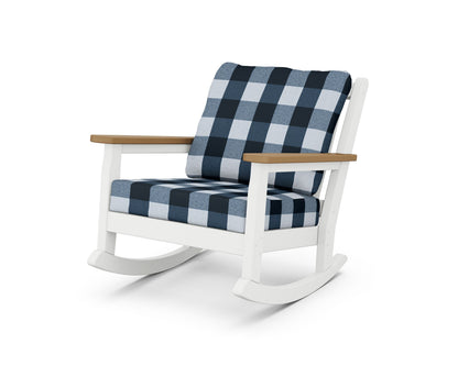 POLYWOOD® Chippendale Deep Seating Rocking Chair in White / Natural / Buffalo Plaid Marine Indigo