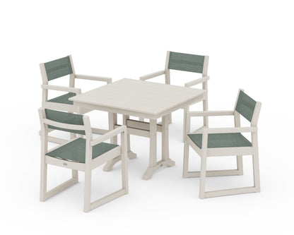 POLYWOOD® EDGE Sling 5-Piece Farmhouse Dining Set with Trestle Legs in Sand / Dupioni Sea Mist Sling