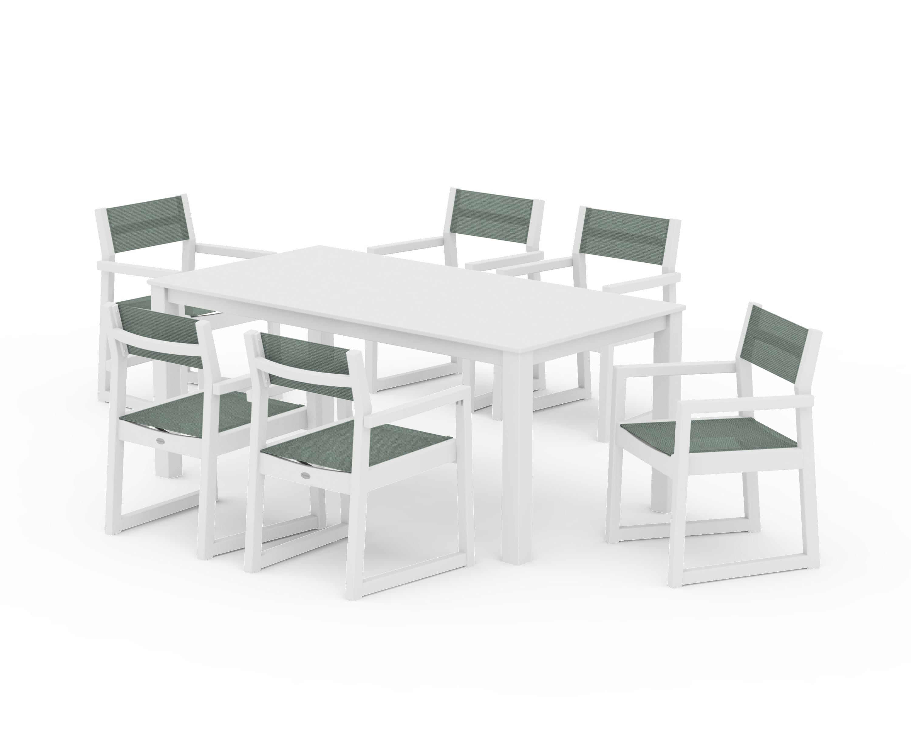 POLYWOOD® EDGE Sling Arm Chair 7-Piece Parsons Dining Set in White / Dupioni Sea Mist Sling