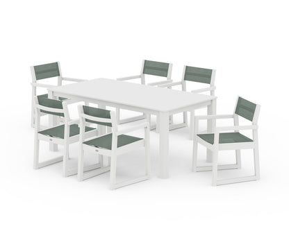 POLYWOOD® EDGE Sling Arm Chair 7-Piece Parsons Dining Set in White / Dupioni Sea Mist Sling