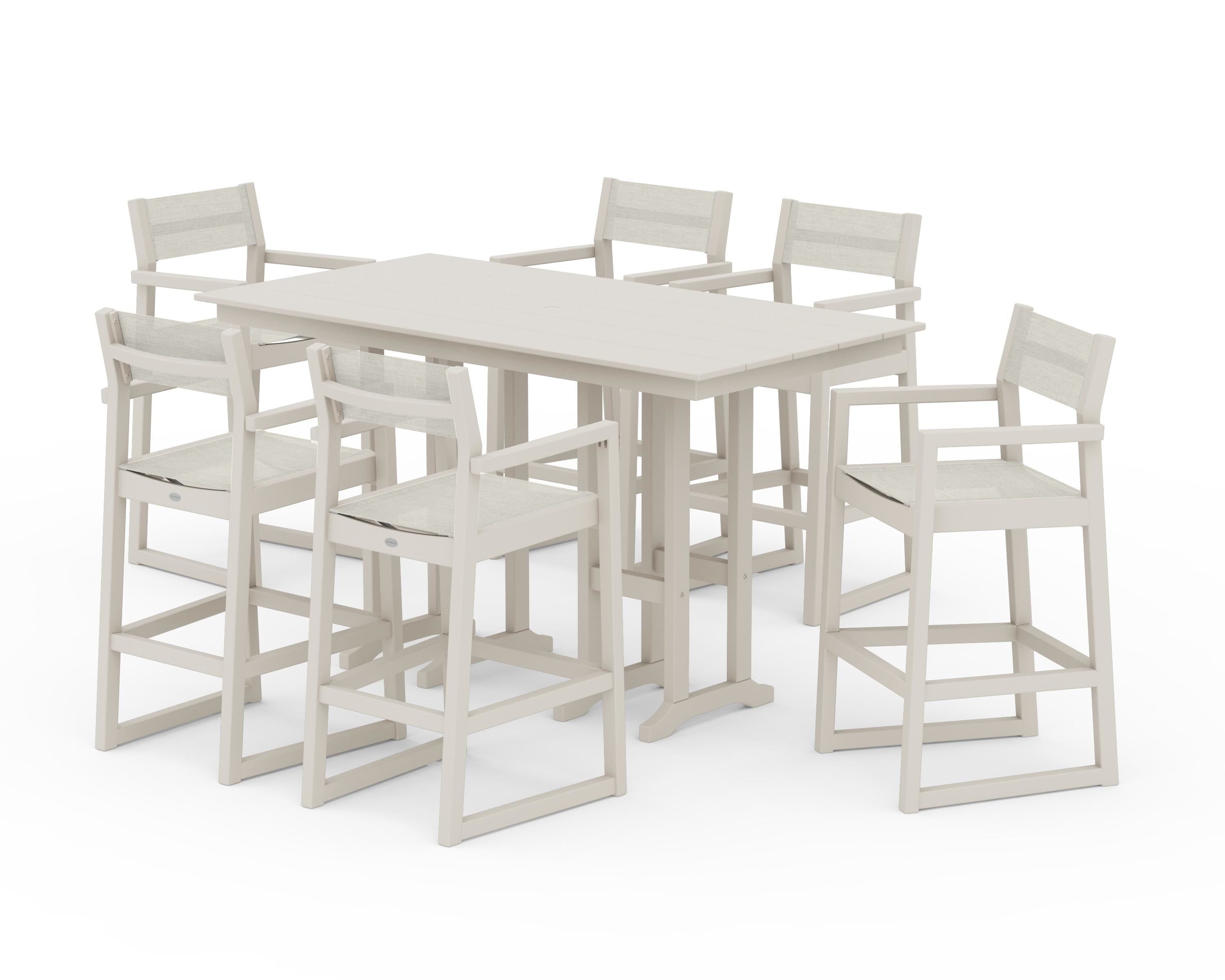 POLYWOOD® EDGE Sling Arm Chair 7-Piece Farmhouse Bar Set in Sand / Parchment Sling