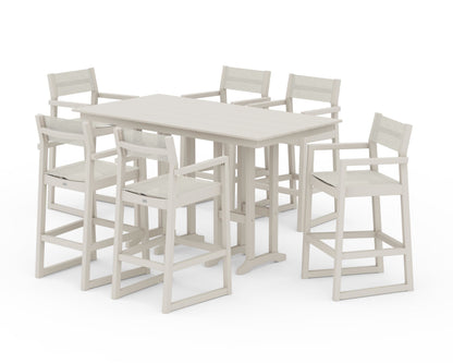 POLYWOOD® EDGE Sling Arm Chair 7-Piece Farmhouse Bar Set in Sand / Parchment Sling