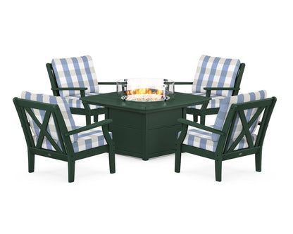 POLYWOOD® Braxton 5-Piece Deep Seating Conversation Set with Fire Pit Table in Green / Buffalo Plaid Sky Blue