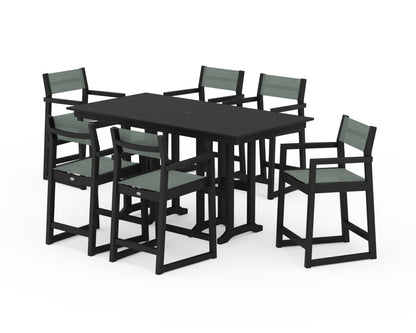 POLYWOOD® EDGE Sling Arm Chair 7-Piece Farmhouse Counter Set in Black / Dupioni Sea Mist Sling