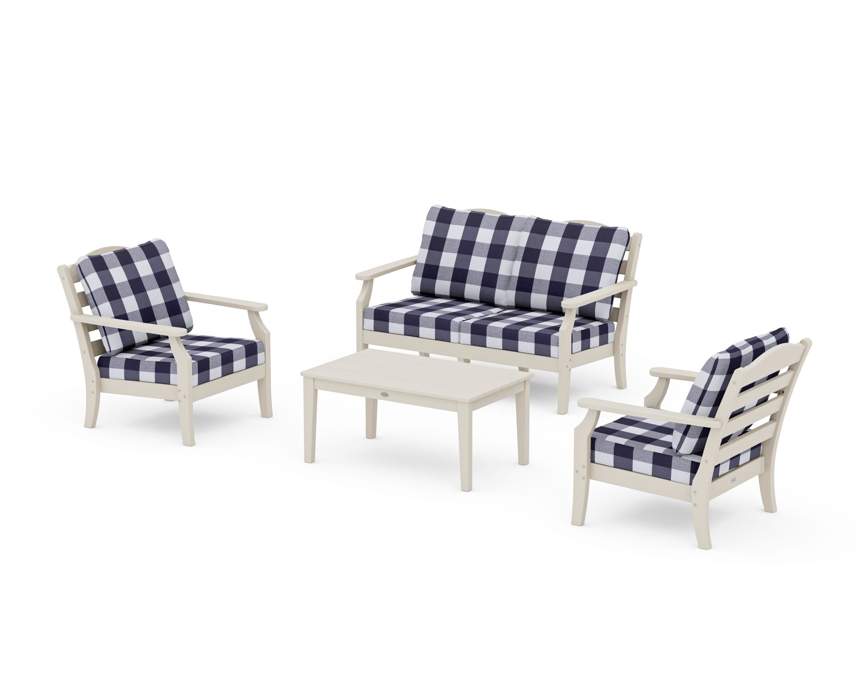 Draper James™ by  POLYWOOD® Savannah 4-Piece Deep Seating Set with Loveseat in Sand / Buffalo Plaid Navy