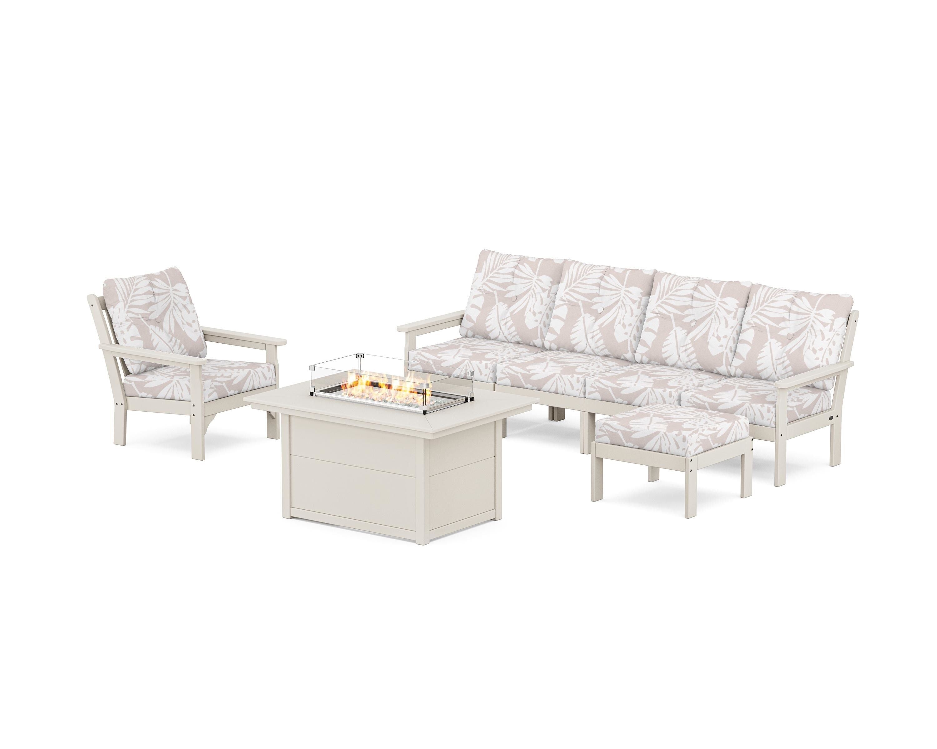 POLYWOOD® Vineyard Sectional Lounge and Fire Pit Set in Sand / Leaf Dune Burlap