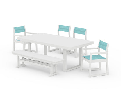 POLYWOOD® EDGE Sling 6-Piece Dining Set with Bench in White / Dupioni Aquamarine Sling