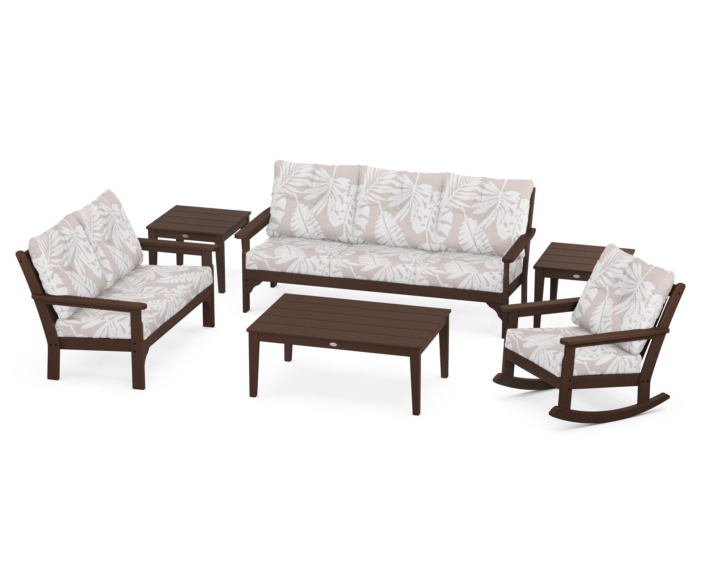 POLYWOOD® Vineyard 6-Piece Deep Seating Set in Mahogany / Leaf Dune Burlap