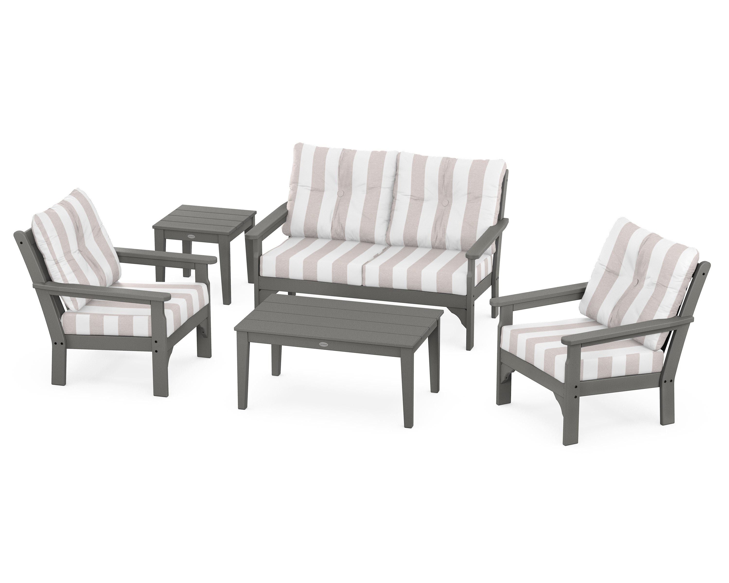 POLYWOOD® Vineyard 5-Piece Deep Seating Set in Slate Grey / Cabana Stripe Dune Burlap