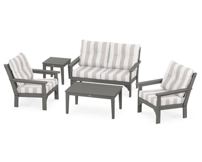 POLYWOOD® Vineyard 5-Piece Deep Seating Set in Slate Grey / Cabana Stripe Dune Burlap