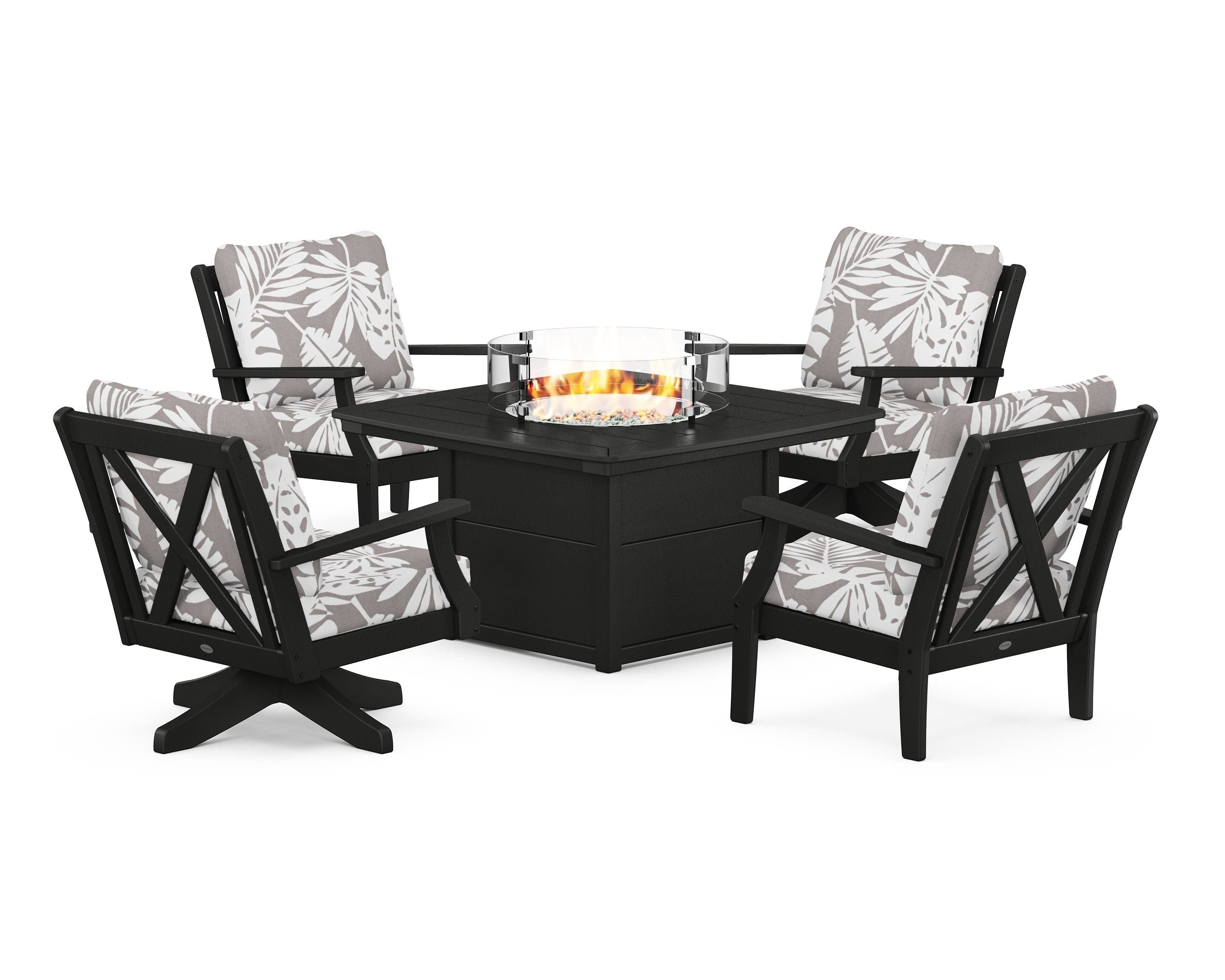 POLYWOOD® Braxton 5-Piece Deep Seating Set with Fire Table in Black / Leaf Grey Mist
