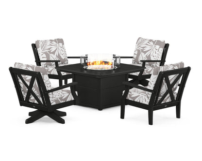 POLYWOOD® Braxton 5-Piece Deep Seating Set with Fire Table in Black / Leaf Grey Mist
