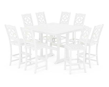 Martha Stewart by POLYWOOD® Chinoiserie 9-Piece Square Farmhouse Side Chair Bar Set with Trestle Legs in White