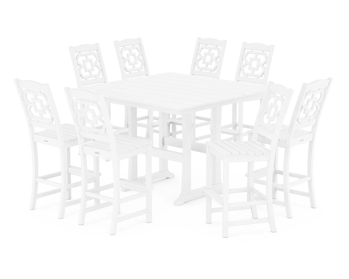 Chinoiserie 9-Piece Square Farmhouse Side Chair Bar Set with Trestle Legs