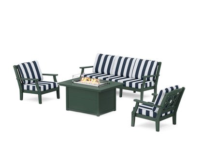 Martha Stewart by POLYWOOD® Chinoiserie Deep Seating Fire Pit Table Set in Green / Cabana Stripe Marine Indigo
