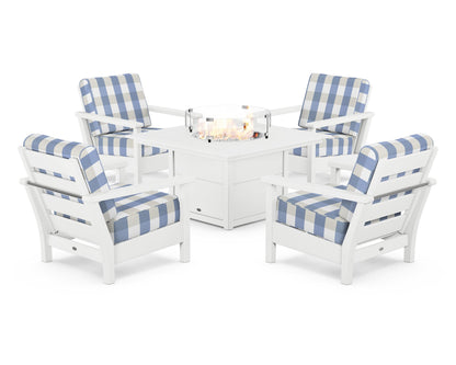POLYWOOD® Harbour 5-Piece Conversation Set with Fire Pit Table in White / Buffalo Plaid Sky Blue