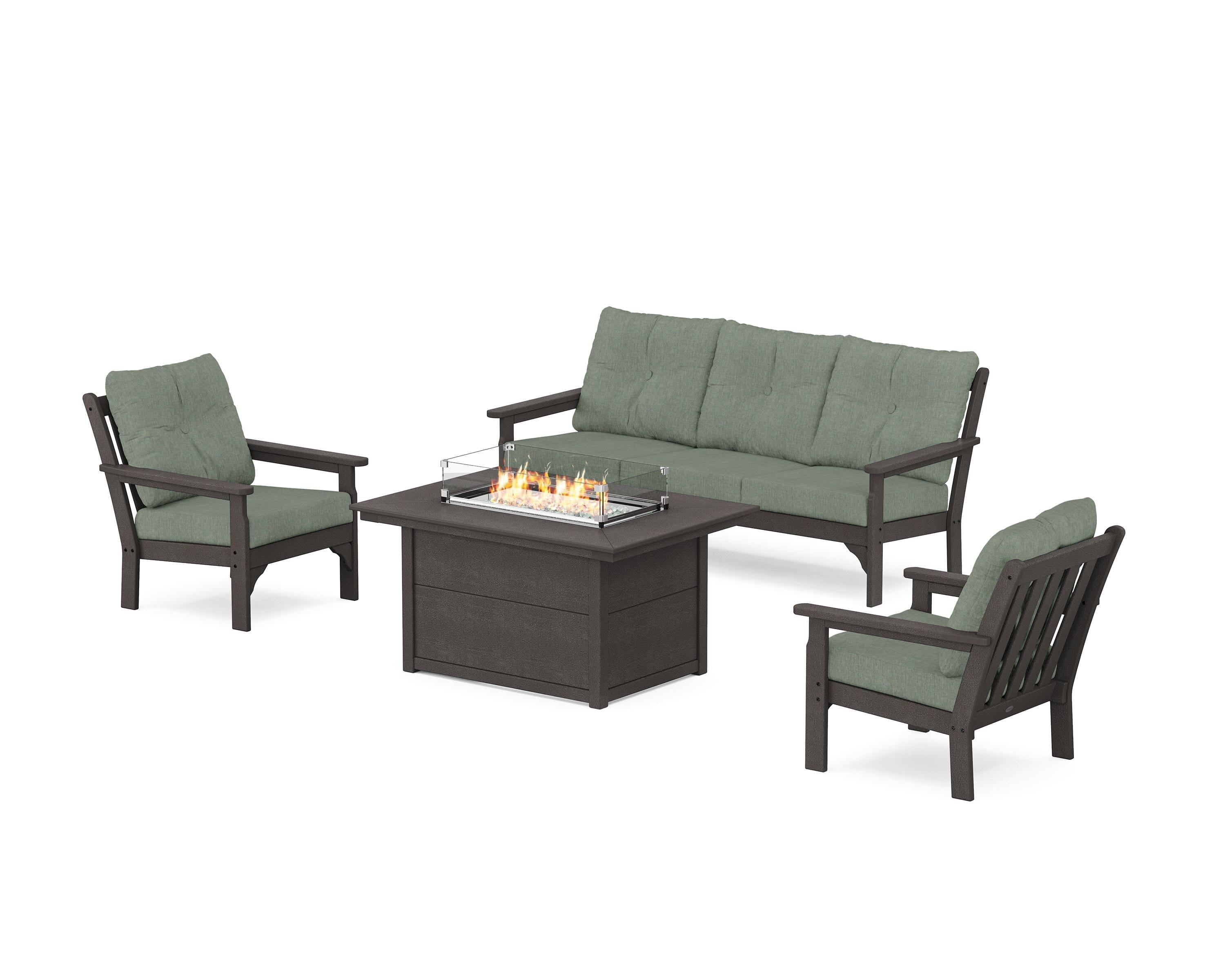 POLYWOOD® Vineyard Deep Seating Fire Pit Table Set in Vintage Coffee / Cast Sage