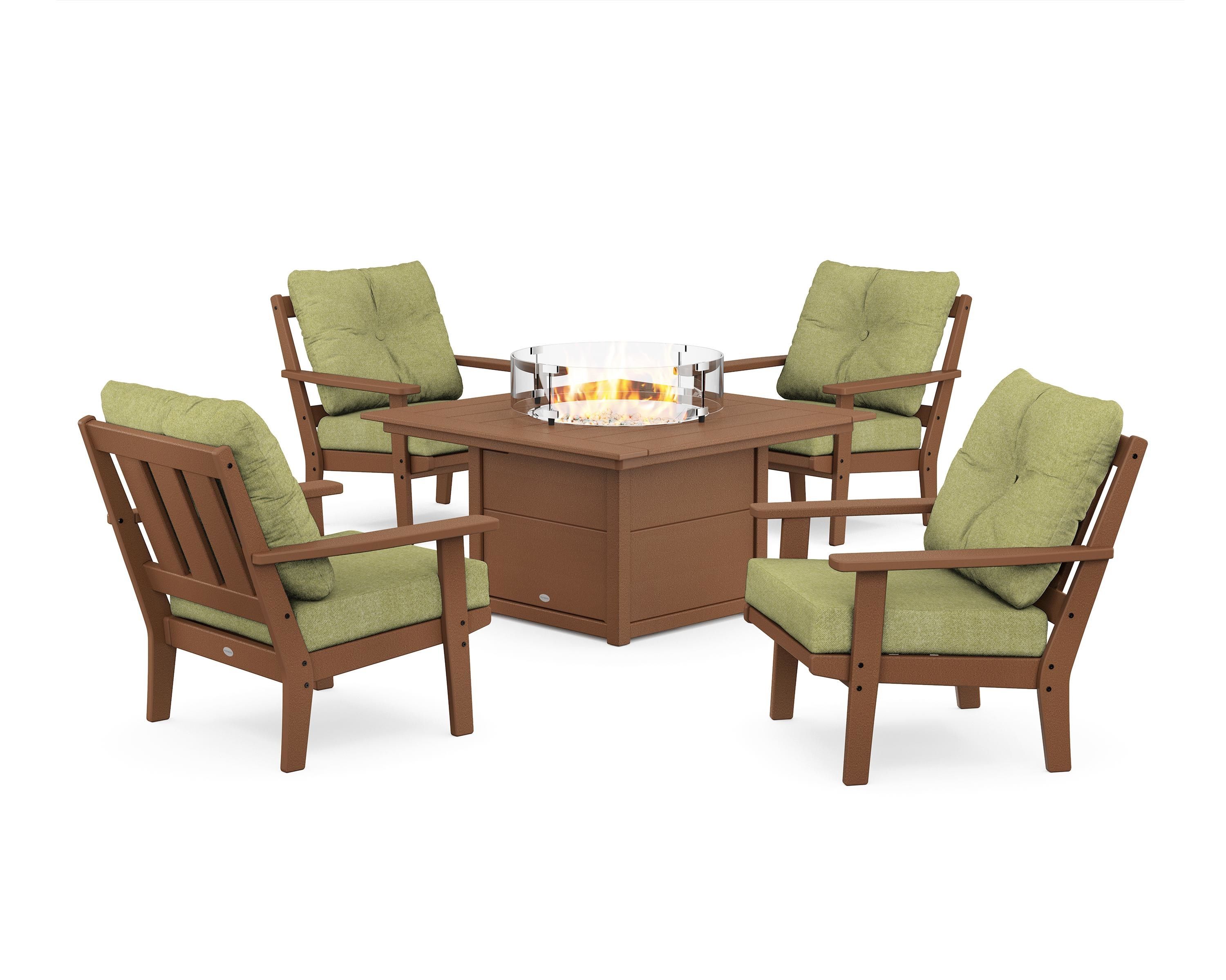 POLYWOOD® Oxford 5-Piece Deep Seating Set with Fire Pit Table in Teak / Chartreuse Boucle