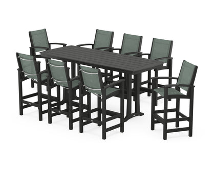POLYWOOD® Coastal 9-Piece Bar Set with Trestle Legs in Black / Dupioni Sea Mist Sling