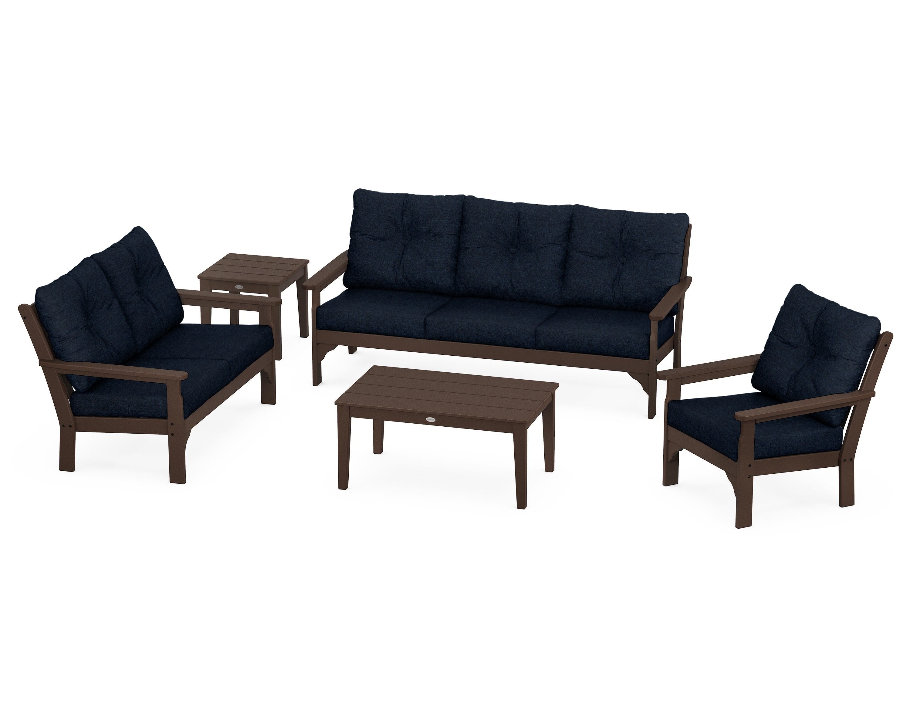 POLYWOOD® Vineyard 5 Piece Deep Seating Set in Mahogany / Marine Indigo