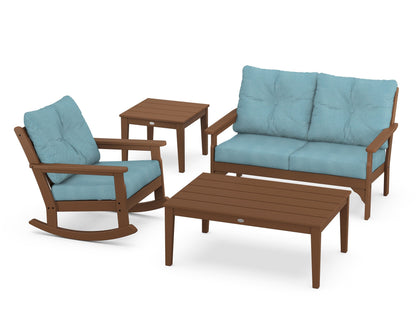 POLYWOOD® Vineyard 4-Piece Deep Seating Rocker Set in Teak / Lattice Sky Blue