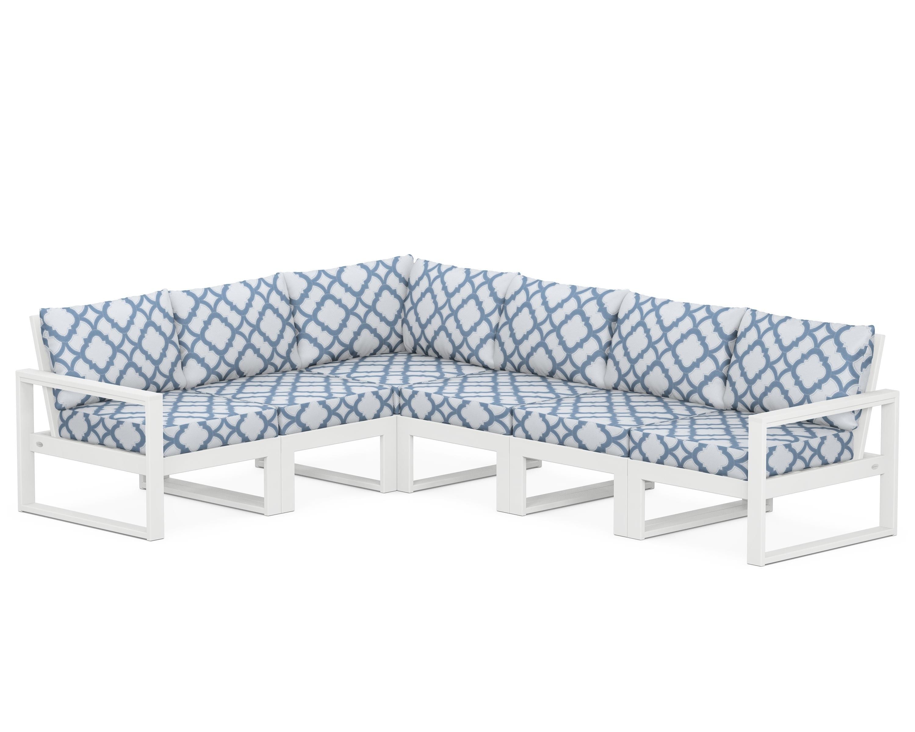 POLYWOOD® EDGE 6-Piece Modular Deep Seating Set in White / Trellis Sky Blue