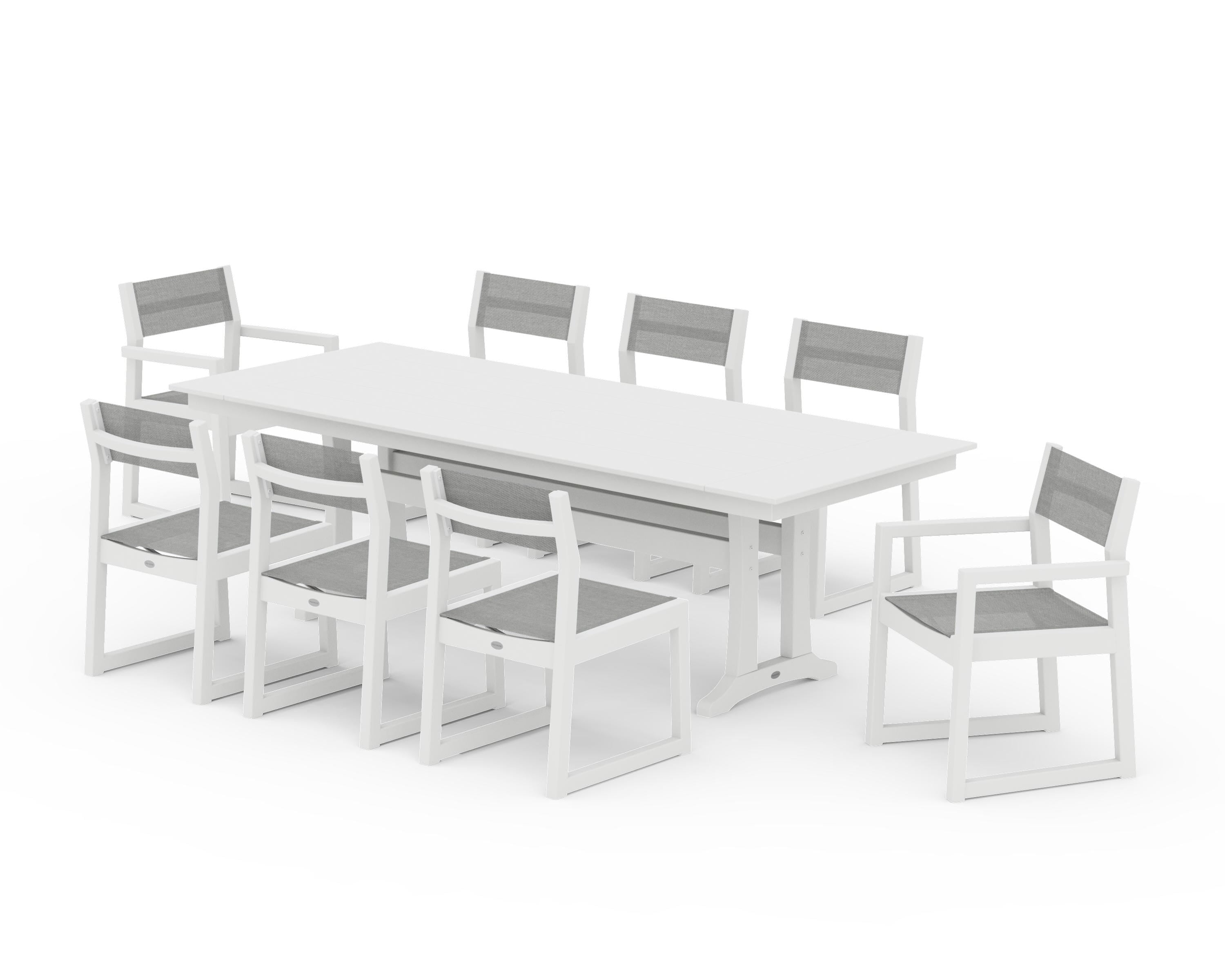 POLYWOOD® EDGE Sling 9-Piece Farmhouse Trestle Dining Set in White / Metallic Sling