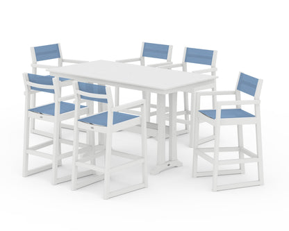 POLYWOOD® EDGE Sling Arm Chair 7-Piece Farmhouse Bar Set with Trestle Legs in White / Poolside Sling