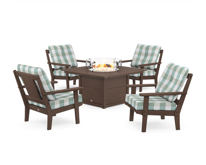 POLYWOOD® Prairie 5-Piece Deep Seating Set with Fire Pit Table in Mahogany / Buffalo Plaid Glacier Spa