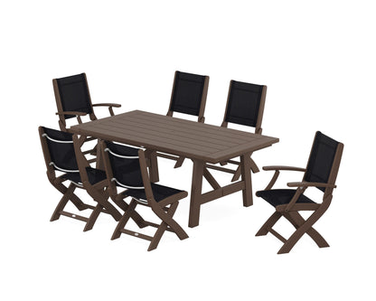 POLYWOOD® Coastal Folding Chair 7-Piece Rustic Farmhouse Dining Set in Mahogany / Black Sling