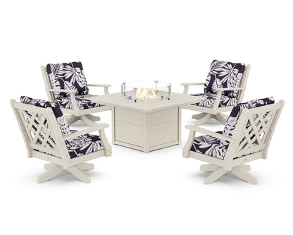 Country Living Wovendale 5-Piece Deep Seating Swivel Conversation Set with Fire Pit Table in Sand / Leaf Navy