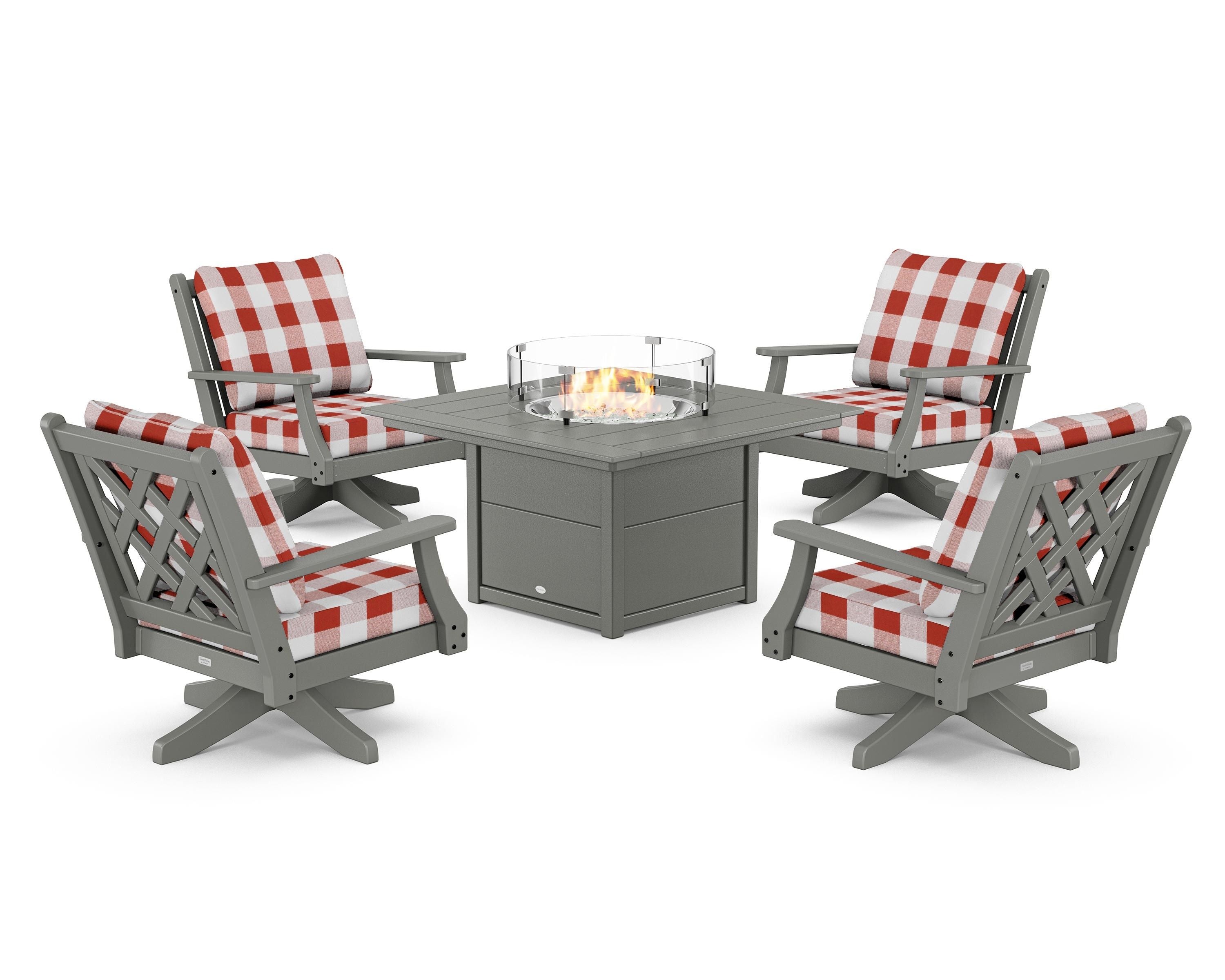 Country Living Wovendale 5-Piece Deep Seating Swivel Conversation Set with Fire Pit Table in Slate Grey / Buffalo Plaid Crimson