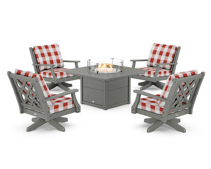 Country Living Wovendale 5-Piece Deep Seating Swivel Conversation Set with Fire Pit Table in Slate Grey / Buffalo Plaid Crimson