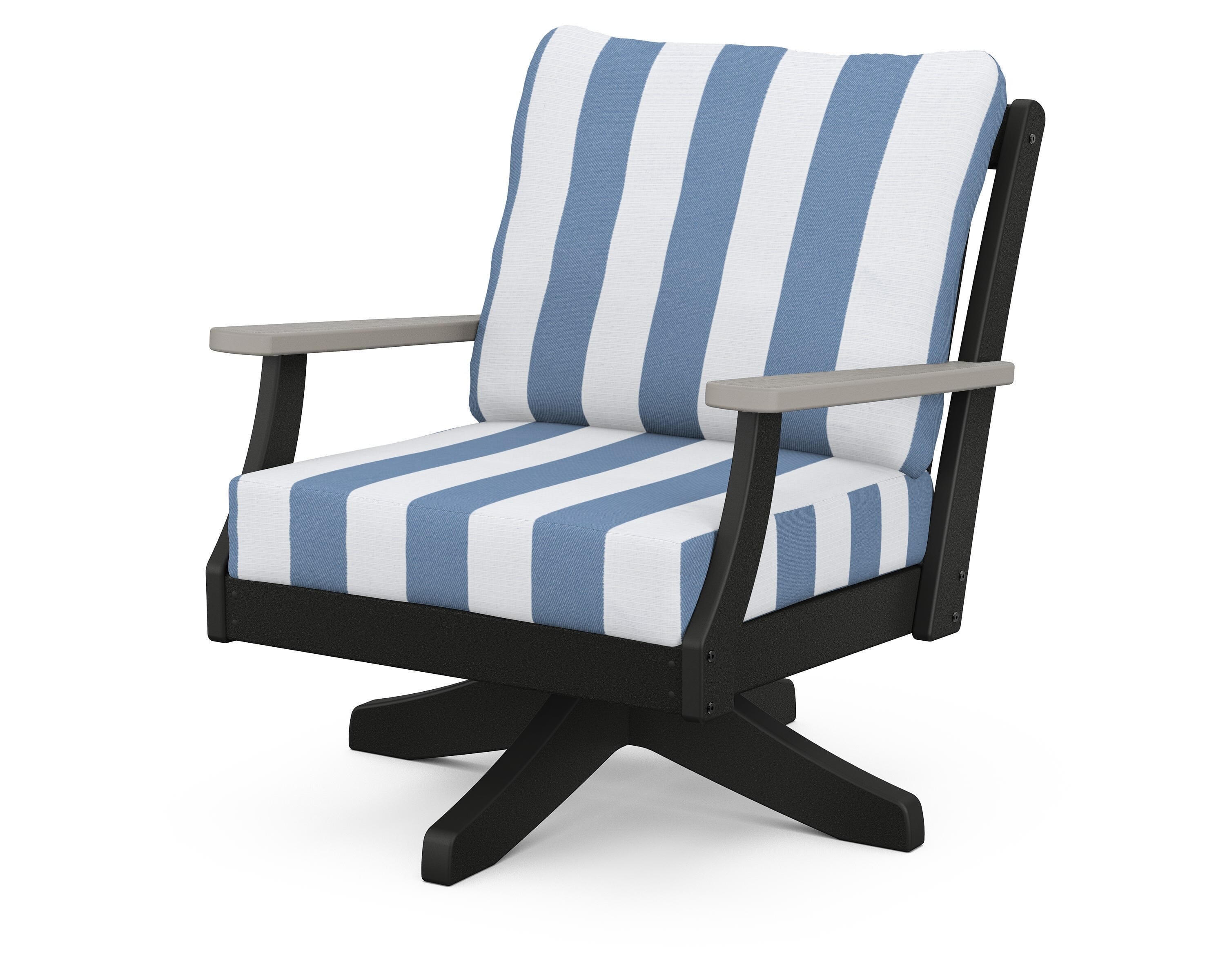 POLYWOOD® Braxton Deep Seating Swivel Chair in Black / Driftwood / Cabana Stripe Sky Blue