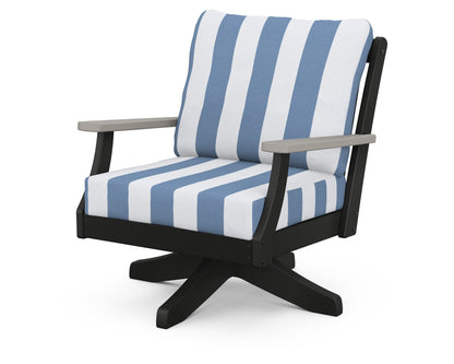 POLYWOOD® Braxton Deep Seating Swivel Chair in Black / Driftwood / Cabana Stripe Sky Blue
