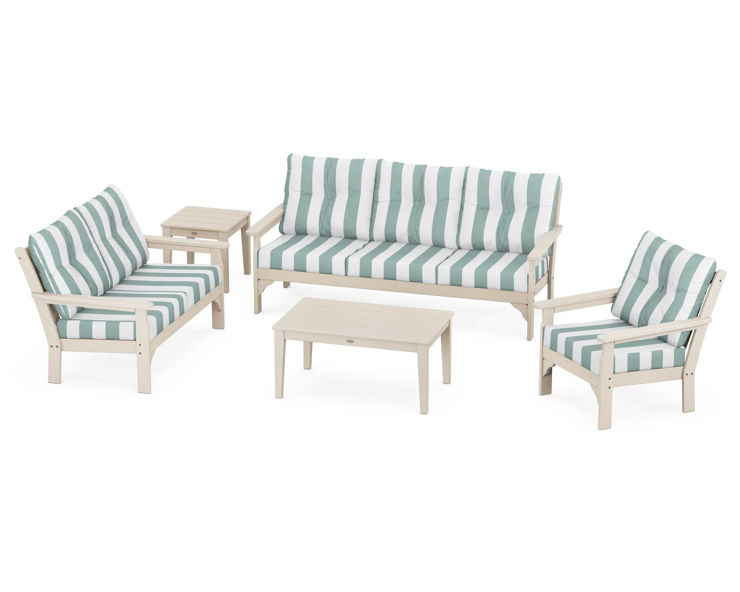 POLYWOOD® Vineyard 5 Piece Deep Seating Set in Sand / Cabana Stripe Glacier Spa