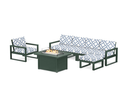 POLYWOOD® EDGE Sectional Lounge and Fire Pit Set in Green / Trellis Sky Blue