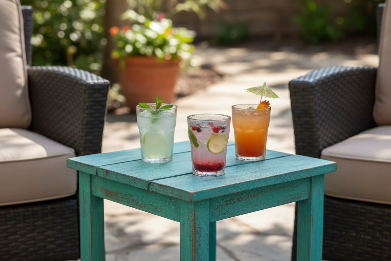 An outdoor occasional side table with a few drinks on it in between two cushioned patio chairs. This is an image featuring the turquoise wooden side table so we should be focused and possibly zoomed in on that.