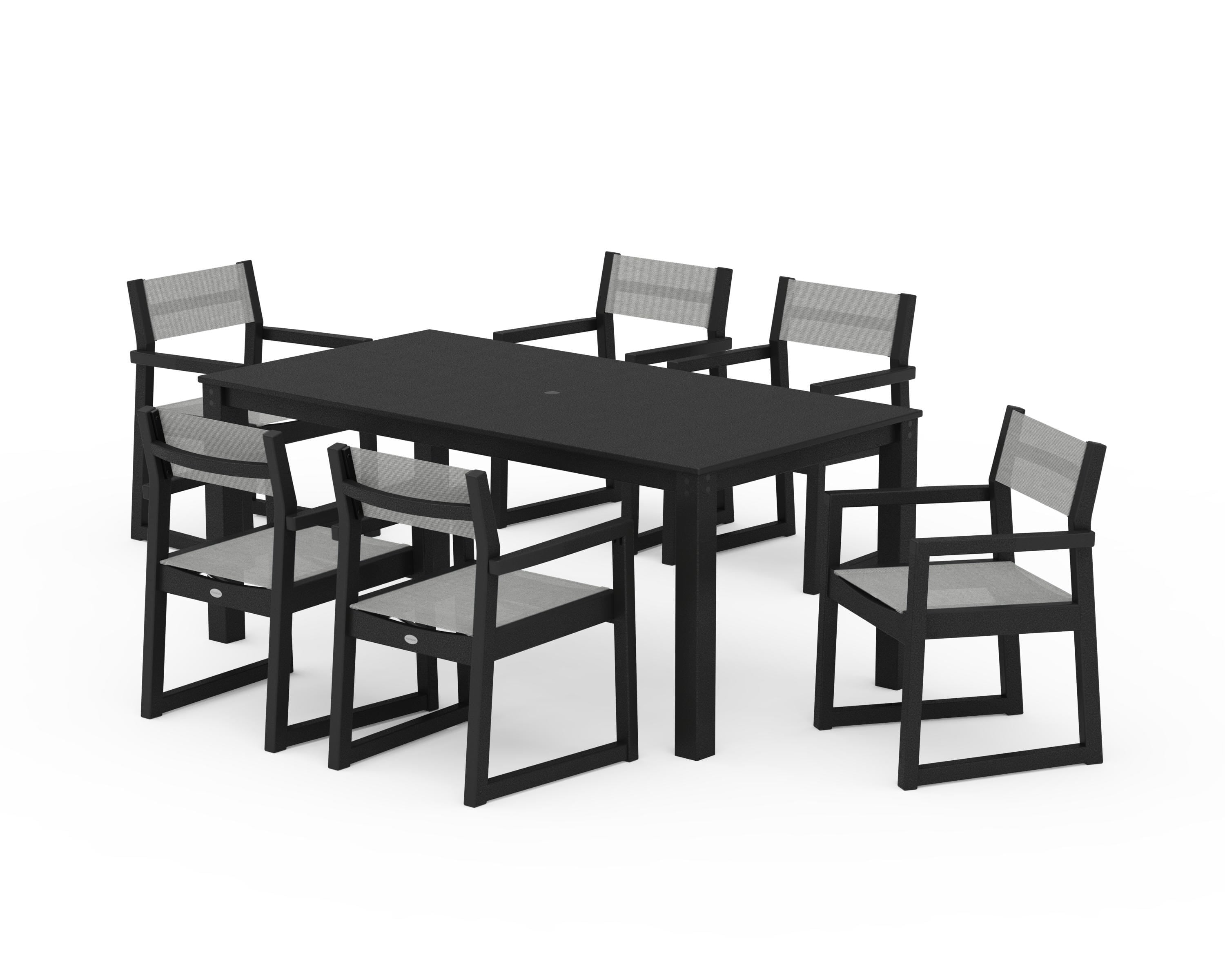POLYWOOD® EDGE Sling Arm Chair 7-Piece Parsons Dining Set in Black / Metallic Sling