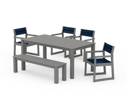 POLYWOOD® EDGE Sling Arm Chair 6-Piece Parsons Dining Set with Bench in Slate Grey / Navy Blue Sling