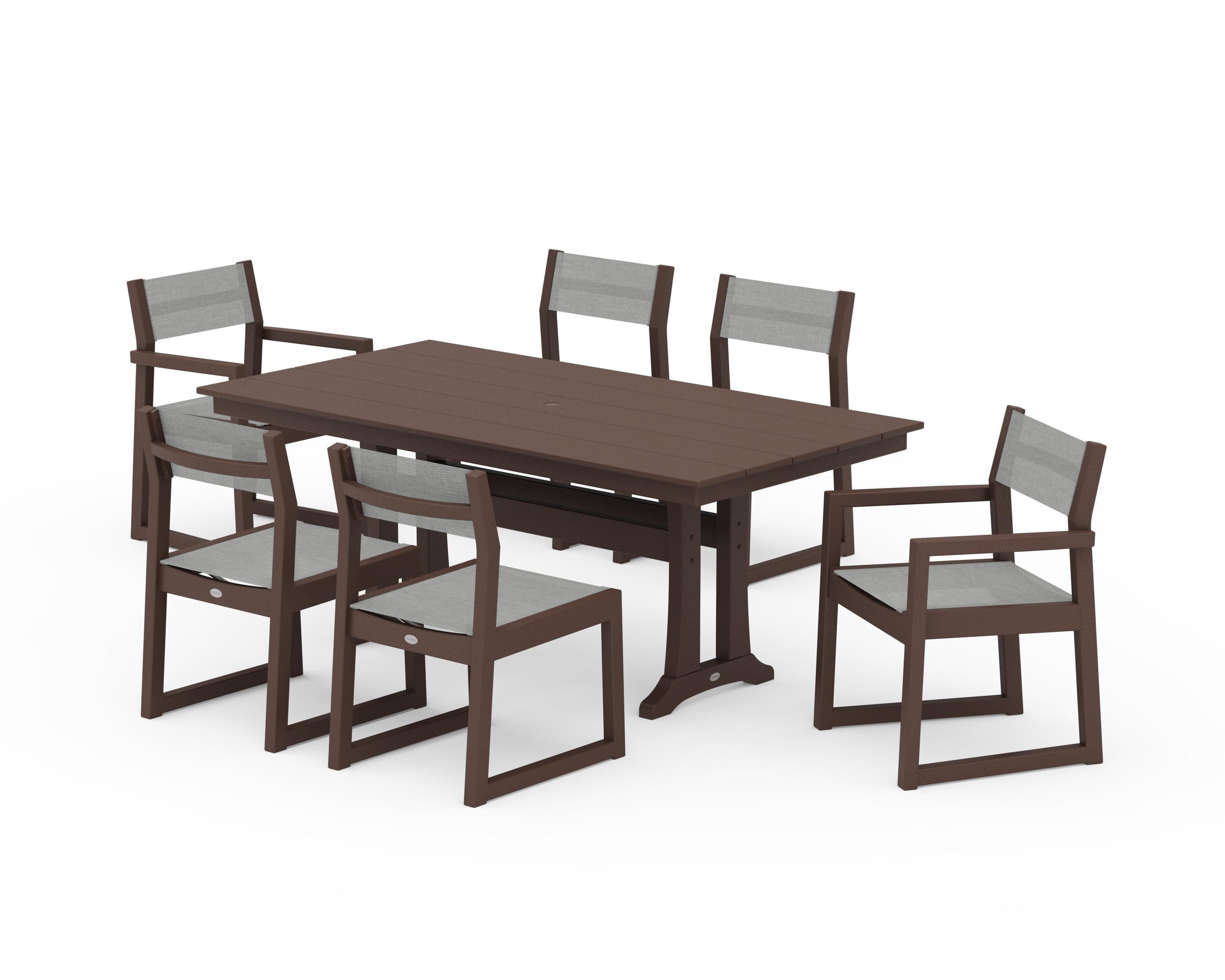 POLYWOOD® EDGE Sling 7-Piece Farmhouse Trestle Dining Set in Mahogany / Metallic Sling