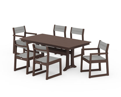 POLYWOOD® EDGE Sling 7-Piece Farmhouse Trestle Dining Set in Mahogany / Metallic Sling