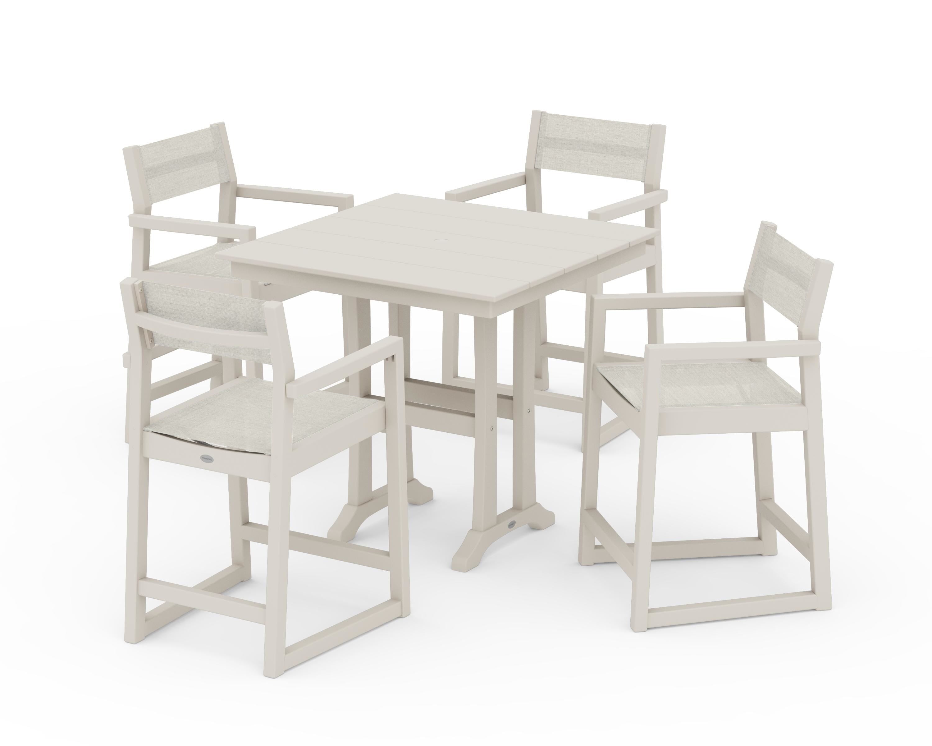 POLYWOOD® EDGE Sling Arm Chair 5-Piece Farmhouse Counter Set with Trestle Legs in Sand / Parchment Sling