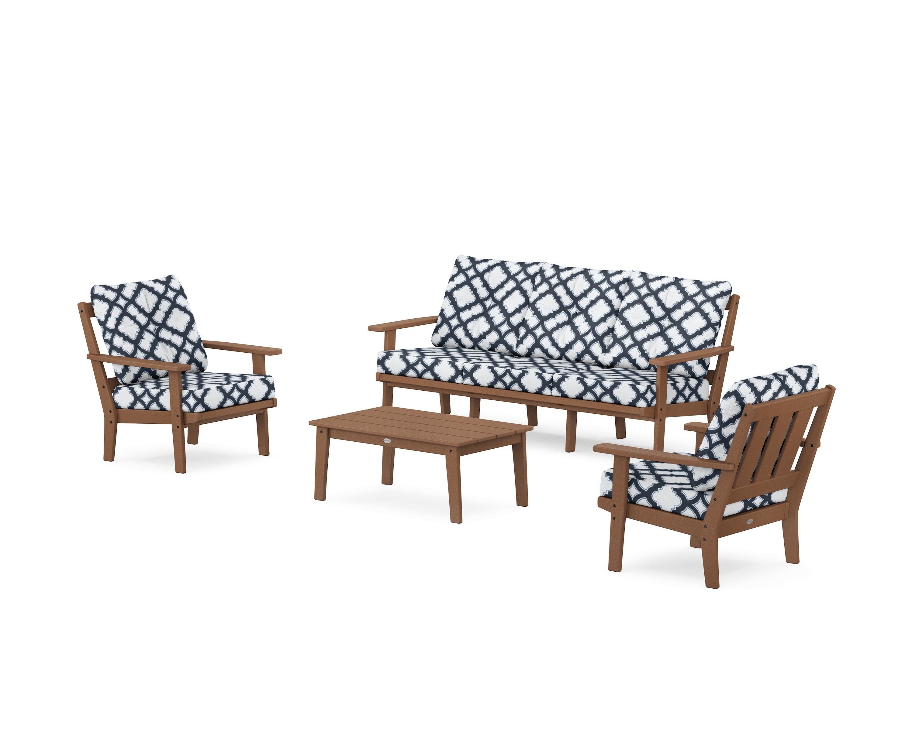 POLYWOOD® Oxford 4-Piece Deep Seating Set with Sofa in Teak / Trellis Marine Indigo