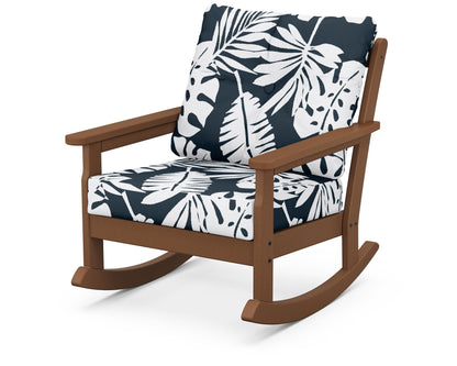 POLYWOOD® Vineyard Deep Seating Rocking Chair in Teak / Leaf Marine Indigo