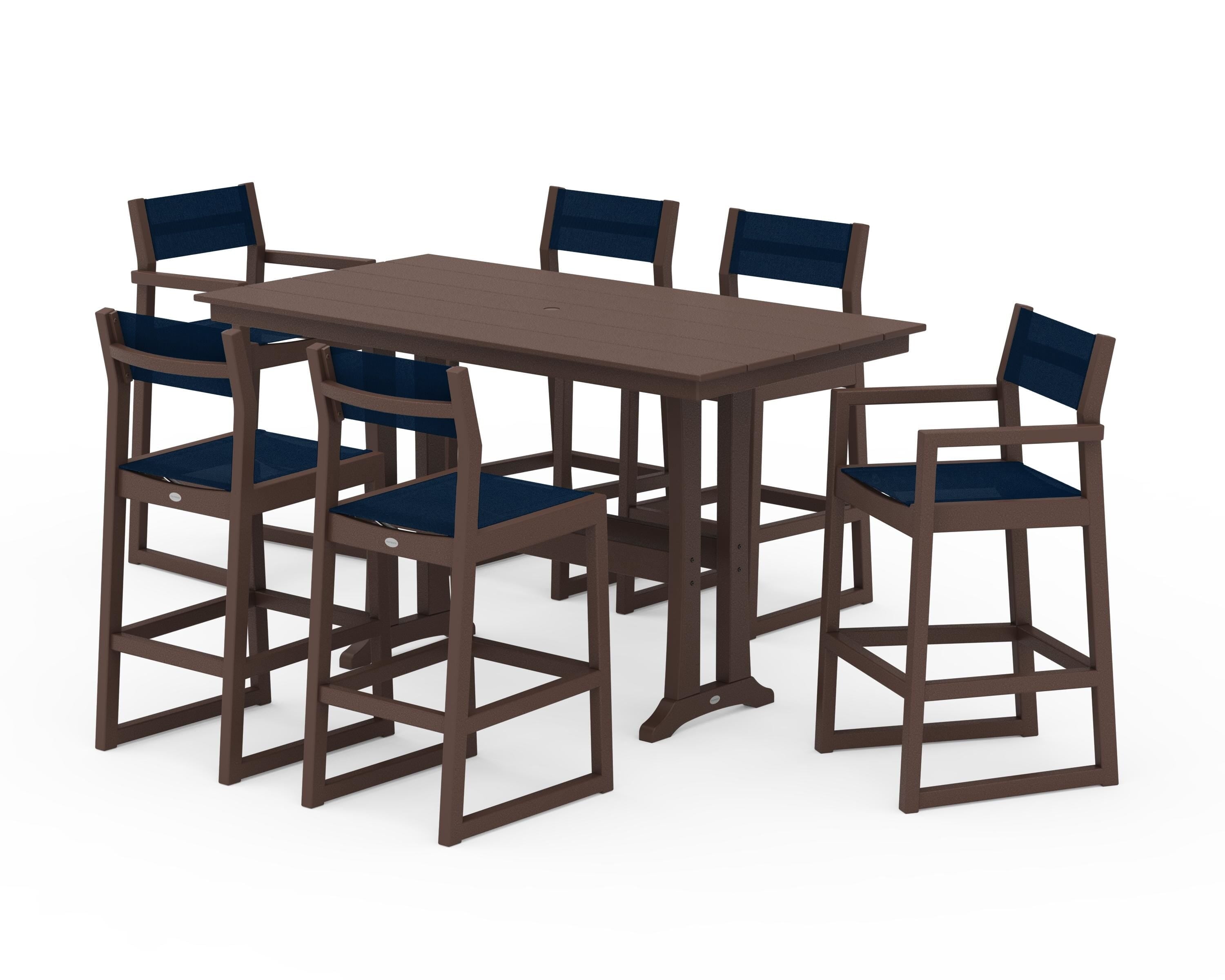 POLYWOOD® EDGE Sling 7-Piece Farmhouse Bar Set with Trestle Legs in Mahogany / Navy Blue Sling