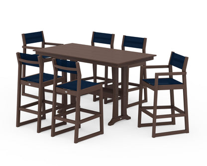 POLYWOOD® EDGE Sling 7-Piece Farmhouse Bar Set with Trestle Legs in Mahogany / Navy Blue Sling
