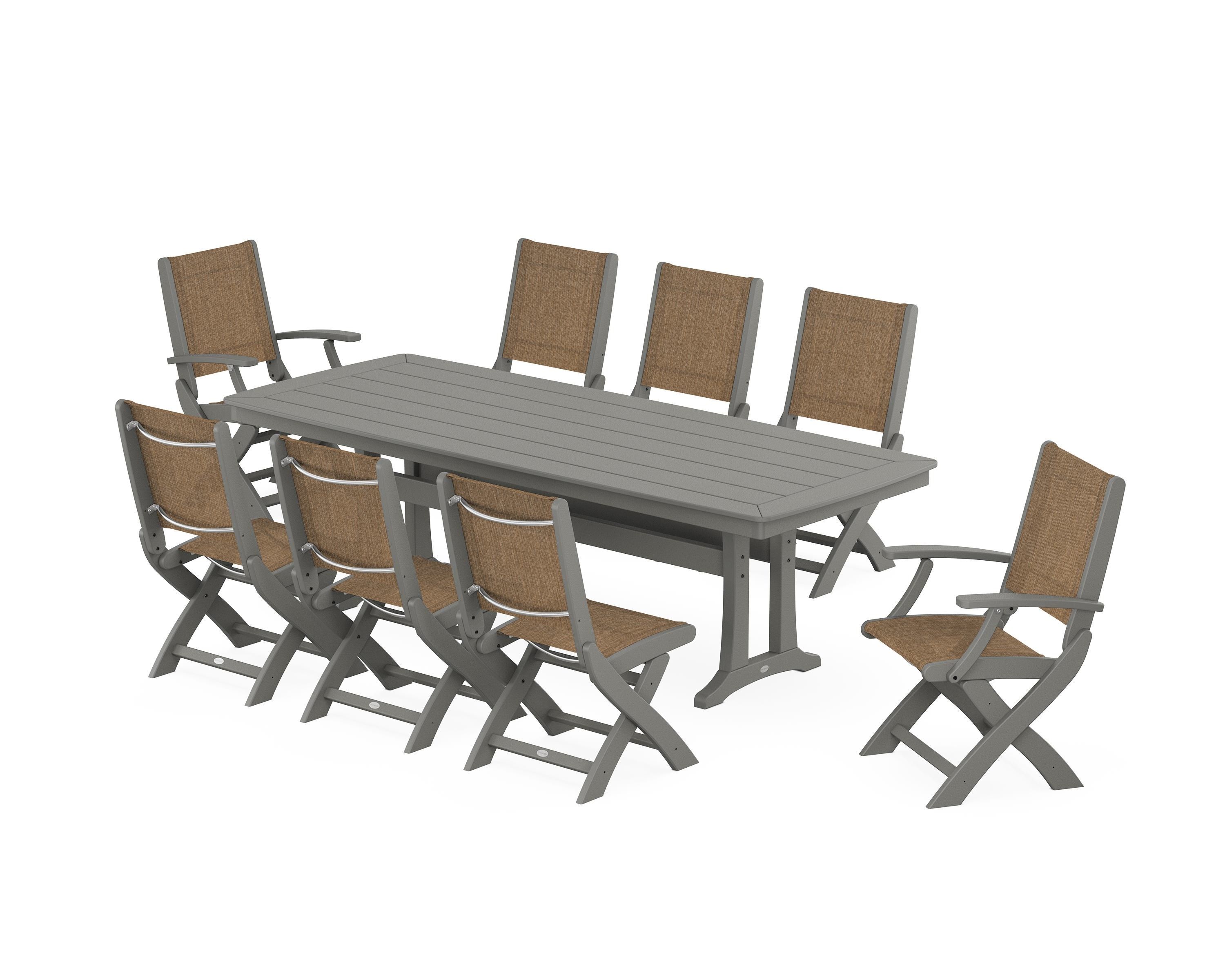 POLYWOOD® Coastal Folding 9-Piece Dining Set with Trestle Legs in Slate Grey / Burlap Sling
